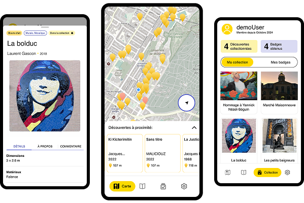 Mockups de trois téléphones avec l'application mobile présentant une fiche découverte, la carte et la collection de démonstration